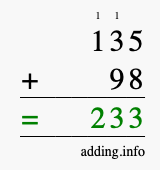 Calculate 135 + 98 using long addition