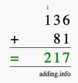 Calculate 136 + 81 using long addition