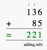 Calculate 136 + 85 using long addition