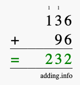 Calculate 136 + 96 using long addition