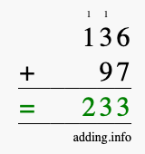 Calculate 136 + 97 using long addition