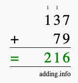 Calculate 137 + 79 using long addition