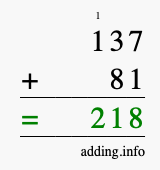 Calculate 137 + 81 using long addition