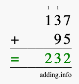 Calculate 137 + 95 using long addition