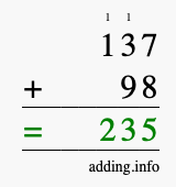 Calculate 137 plus 98 using long addition Calculate 137 + 98 using long addition