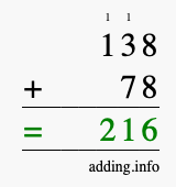 Calculate 138 + 78 using long addition