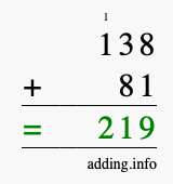 Calculate 138 + 81 using long addition