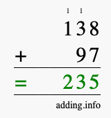 Calculate 138 + 97 using long addition