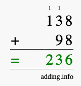 Calculate 138 + 98 using long addition