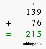 Calculate 139 + 76 using long addition
