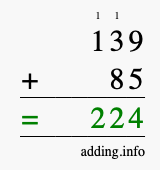 Calculate 139 plus 85 using long addition Calculate 139 + 85 using long addition