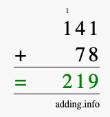 Calculate 141 + 78 using long addition