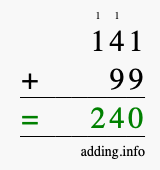 Calculate 141 + 99 using long addition