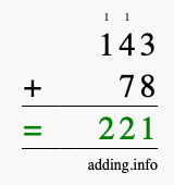 Calculate 143 + 78 using long addition