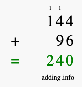Calculate 144 + 96 using long addition