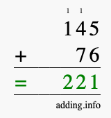 Calculate 145 + 76 using long addition
