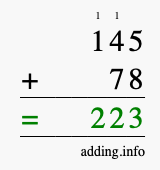 Calculate 145 + 78 using long addition