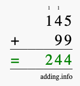 Calculate 145 + 99 using long addition