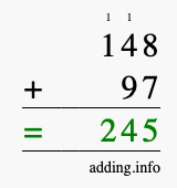 Calculate 148 + 97 using long addition