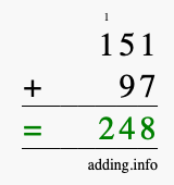 Calculate 151 + 97 using long addition