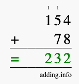 Calculate 154 + 78 using long addition