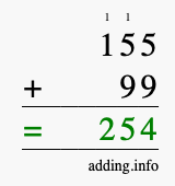 Calculate 155 + 99 using long addition