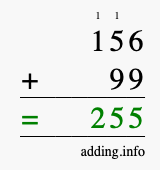 Calculate 156 + 99 using long addition