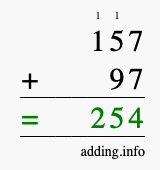 Calculate 157 + 97 using long addition