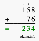 Calculate 158 + 76 using long addition