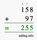 Calculate 158 + 97 using long addition