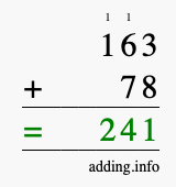 Calculate 163 + 78 using long addition