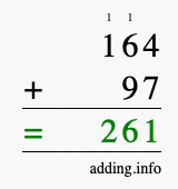 Calculate 164 + 97 using long addition