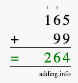 Calculate 165 + 99 using long addition