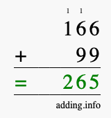 Calculate 166 + 99 using long addition