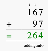 Calculate 167 + 97 using long addition