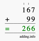 Calculate 167 + 99 using long addition