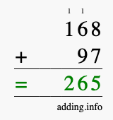 Calculate 168 + 97 using long addition