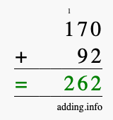 Calculate 170 + 92 using long addition