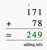 Calculate 171 + 78 using long addition
