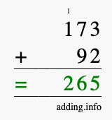 Calculate 173 + 92 using long addition