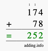 Calculate 174 + 78 using long addition
