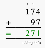 Calculate 174 + 97 using long addition