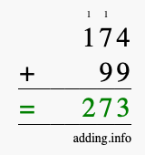 Calculate 174 + 99 using long addition