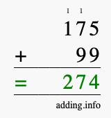Calculate 175 + 99 using long addition