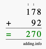 Calculate 178 + 92 using long addition