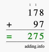 Calculate 178 + 97 using long addition