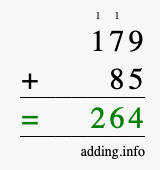 Calculate 179 + 85 using long addition