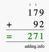 Calculate 179 + 92 using long addition