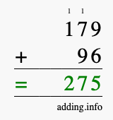 Calculate 179 + 96 using long addition