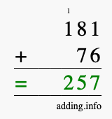 Calculate 181 + 76 using long addition